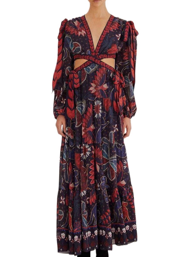 Farm Rio Tropical Shine Navy And Red Dark Blue Cut-Out Maxi Dress Rp $330